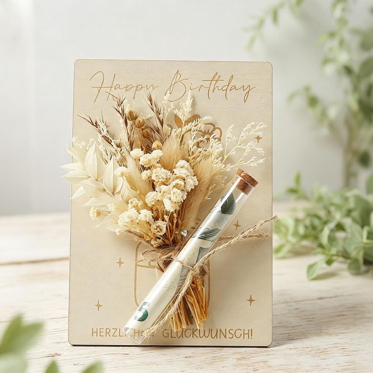Cadeau met gedroogde bloemen en glazen buis, uniek geldcadeau voor verjaardag, wanddecoratie en herinneringen, perfect voor elk feest