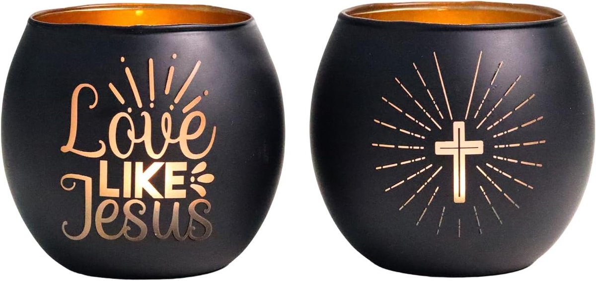 Zwarte theelichthouder Love Like Jezus - set van 2 kruis-windlicht van gesatineerd glas met gouden binnenvoering - ShopVlot