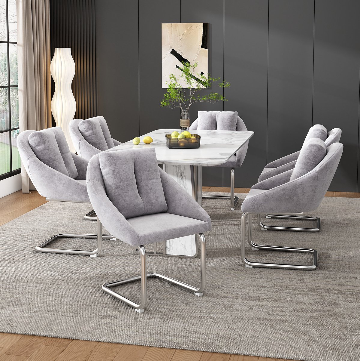 MEUNIQ Grijze velvet eetkamerstoelen set van 6, draaibare kuipstoelen met armleuningen, metalen onderstel, voor eetkamer en woonkamer Gray