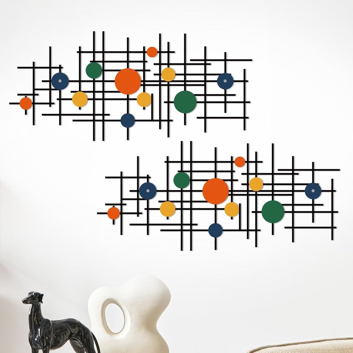 Set van 2 Minimalistische Geometrische Wanddecoraties - Moderne Metalen Wandkunst voor Woonkamer, Slaapkamer en Kantoor - Abstract 3D Ontwerp in Heldere Kleurrijke Stijl en Unieke Decoratie