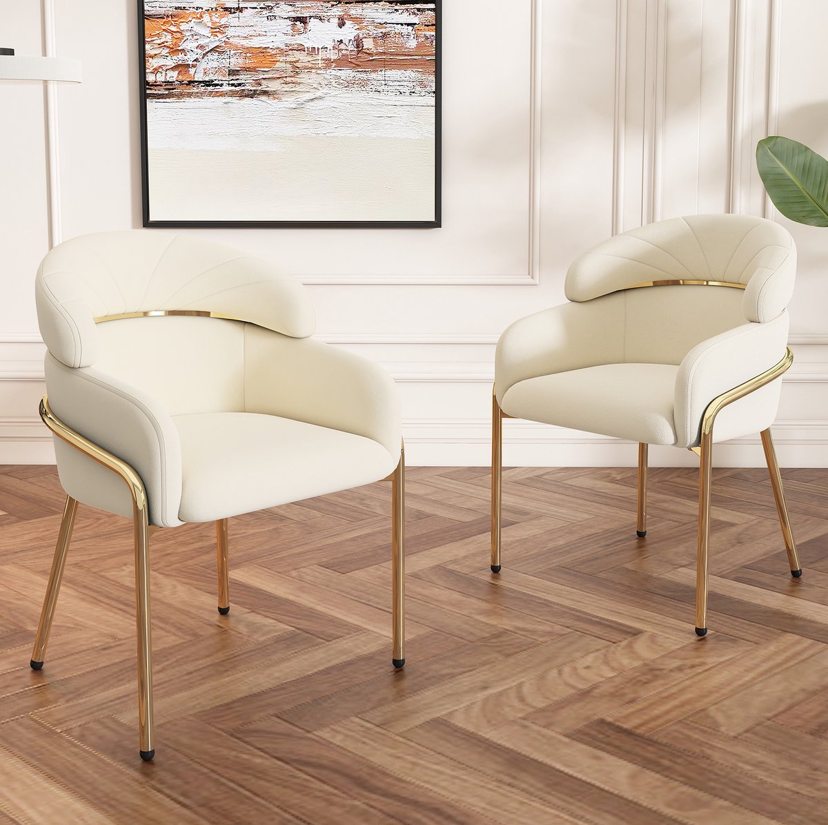MEUNIQ Eetkamerstoel set van 2 met armleuningen en metalen poten, velvet kuipstoelen in beige, 79 cm hoog, voor eetkamer woonkamer of slaapkamer