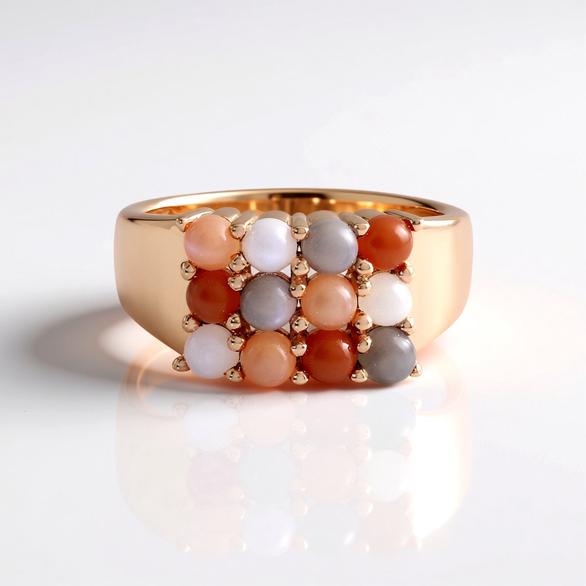 Cavill - Luxe 925 Sterling Zilver Ring met 9 Cabochon Witte, Perzik en Chocolade Maanstenen - Roségoudverguld - Ronde Prongzetting