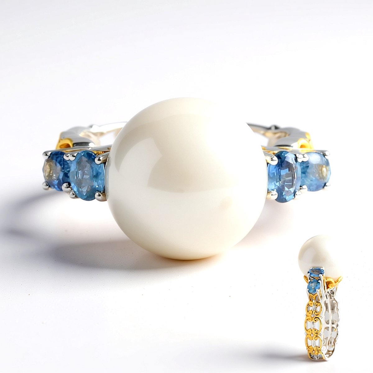 Cavill - Ring Zilver 925 Sterling met Witte 12 mm Zoetwaterparel en Blauwe Saffieren 0,9 ct - Elegante Damesring - Hoogwaardige Parelring