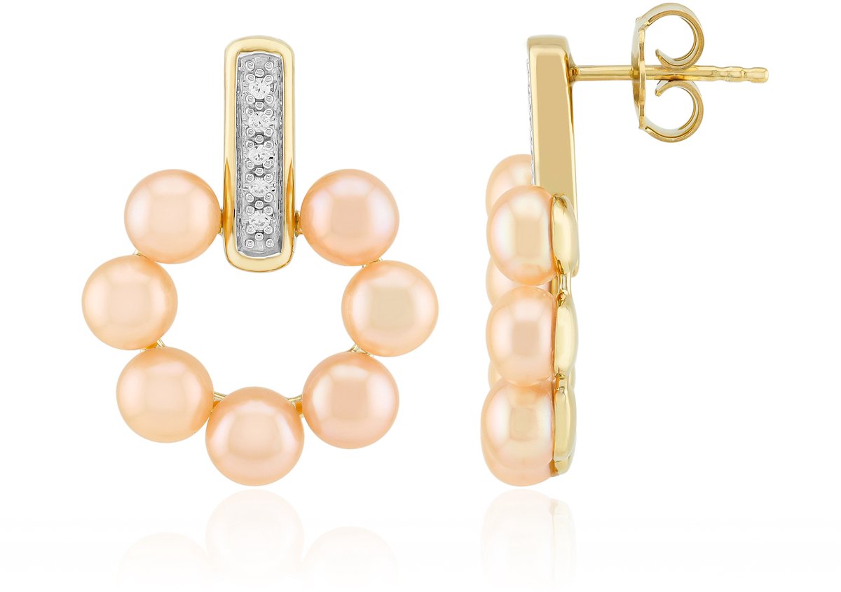 Cavill - Elegante oorbellen - 925 sterlingzilver verguld - Perzikkleurige zoetwaterparels 5,5 mm - Zirkonia pavé 0,1 ct - Dames sieraden