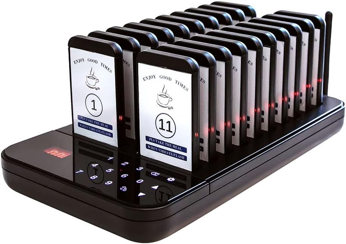 SnelShoppen - KZH Pager Systeem voor Restaurant, 20 Pagers, 7 Belmodi, Waterdichte Toetsenbord, Efficiënt Systeem voor Hotel, Bar en Ziekenhuis