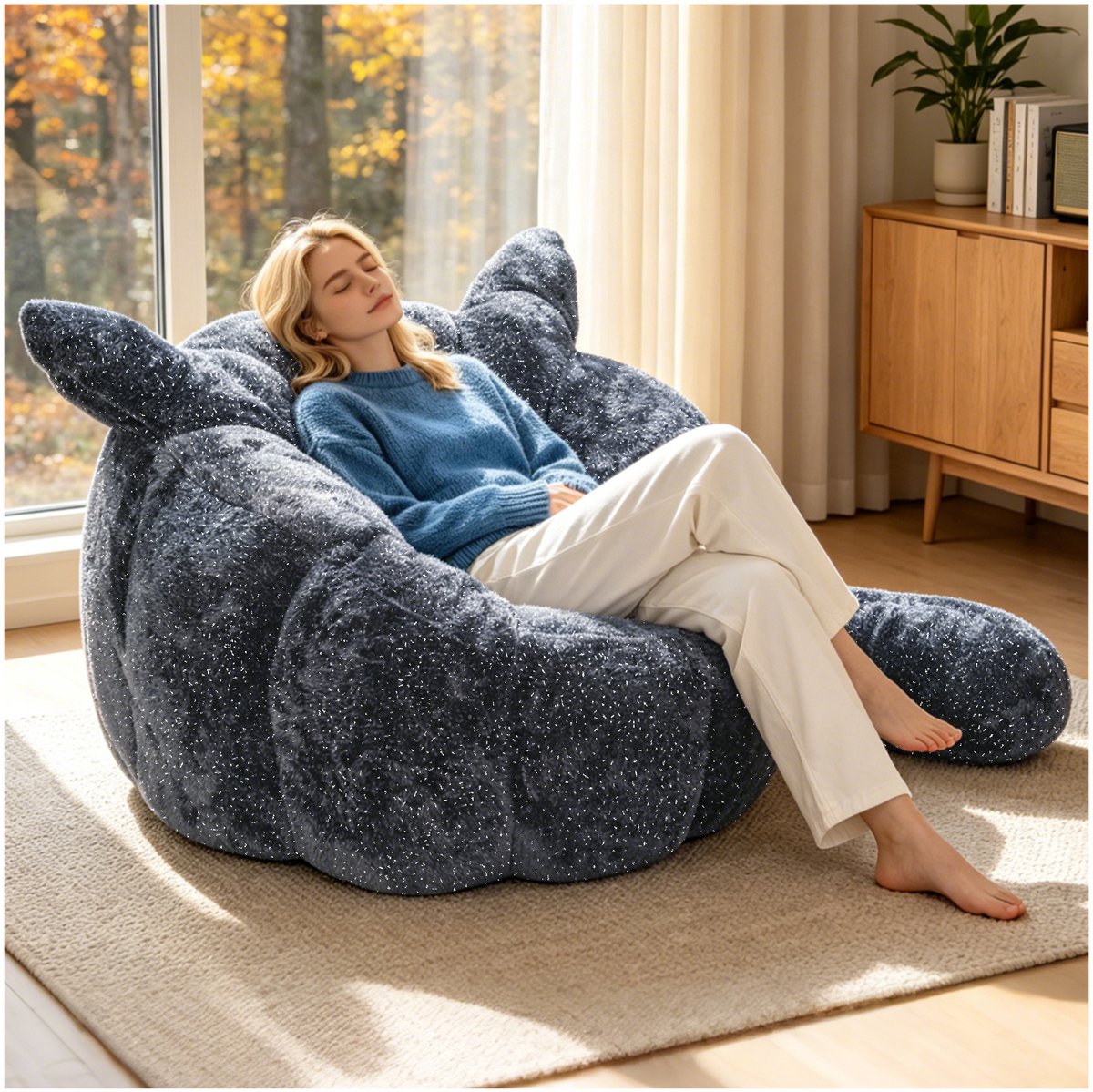 OKWISH Zitzak 101 x 100 x 69 cm - Zachte Loungestoel Met Vossenoren En Staart - Voor Slaapkamer En Woonkamer - Fluweel - Grijs