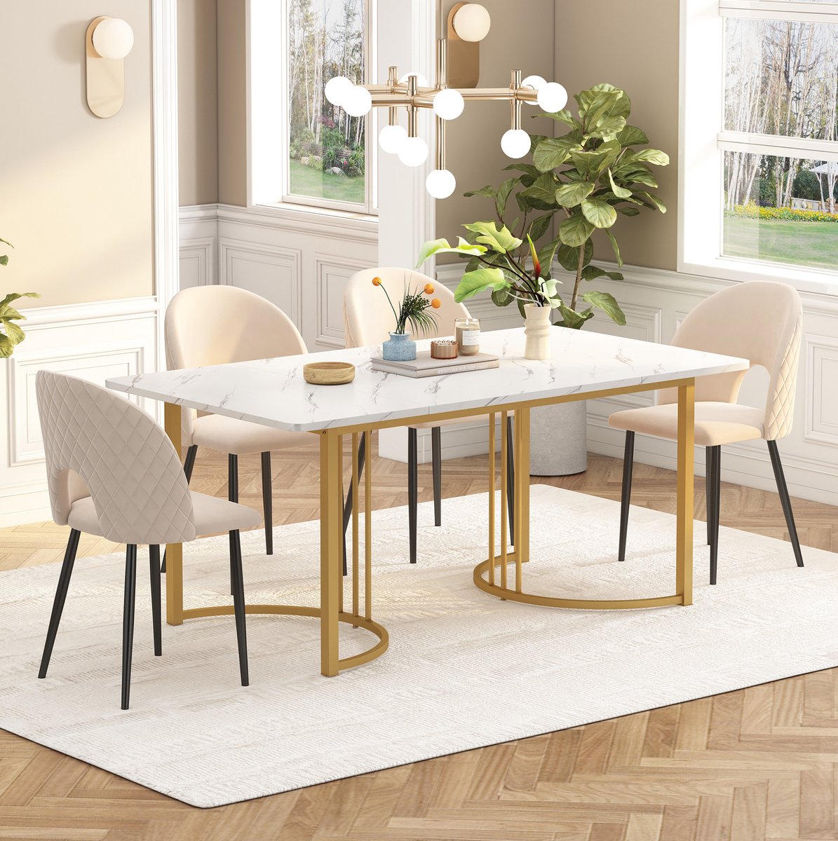 MEUNIQ rechthoekige eettafel 140 x 80 cm met marmereffect, metalen onderstel en verstelbare voetjes voor keuken, eetkamer of woonkamer, wit