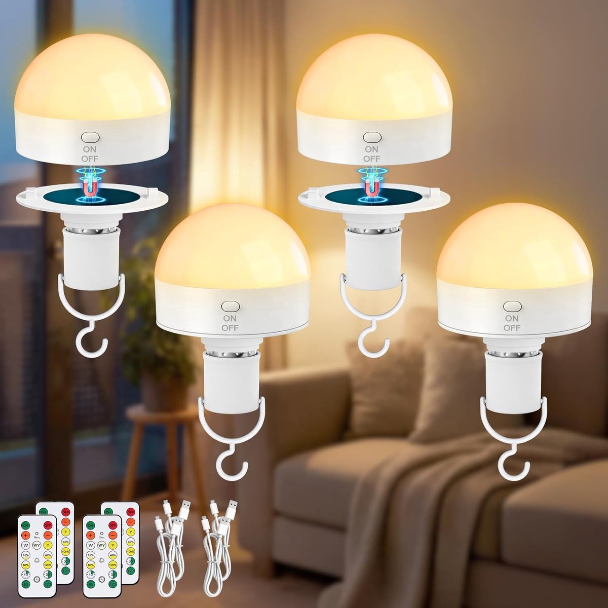 SnelShoppen - Oplaadbare E27 Gloeilamp Set van 4 met Afstandsbediening - 10W Dimbare LED Lampen - 3 Kleuren - Magnetische Batterij - Ideaal voor Feest
