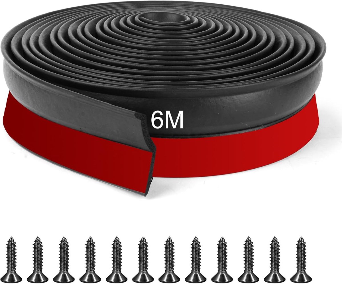 SnelShoppen - Universele Garagedeur Seal 6 m - Weerbestendige Tochtstrip met Sterke Lijm en Spijkers - Zwart - Ideaal voor Koude en Hete Temperatuur