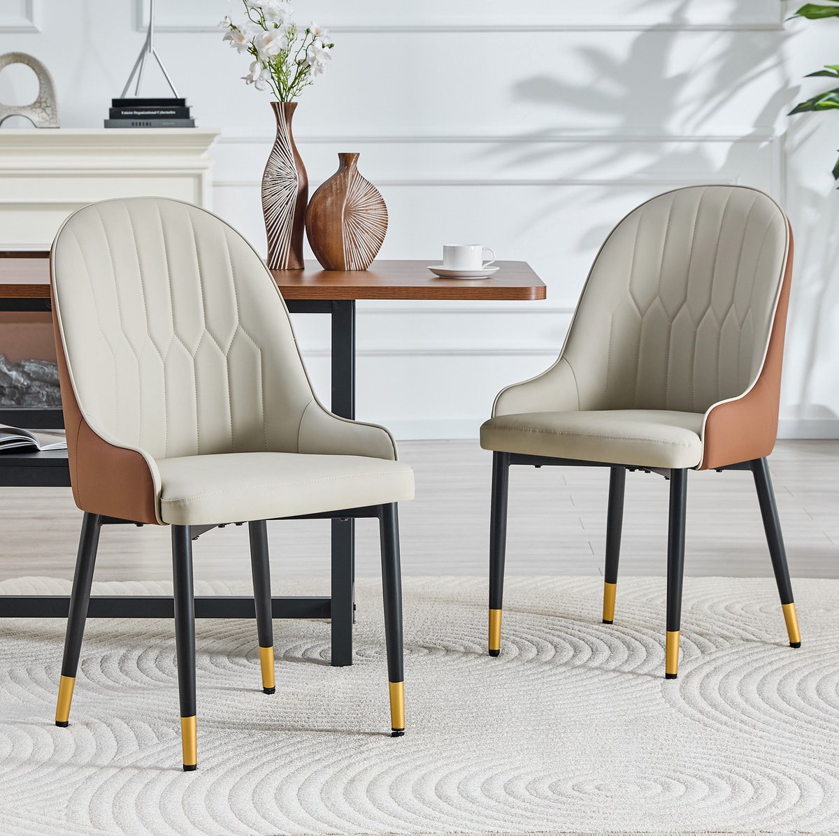 MEUNIQ eetkamerstoel set van 2 met armleuningen, PU kunstleer en metalen onderstel, 91 cm hoog, zithoogte 46 cm, warmgrijs bruin zwart
