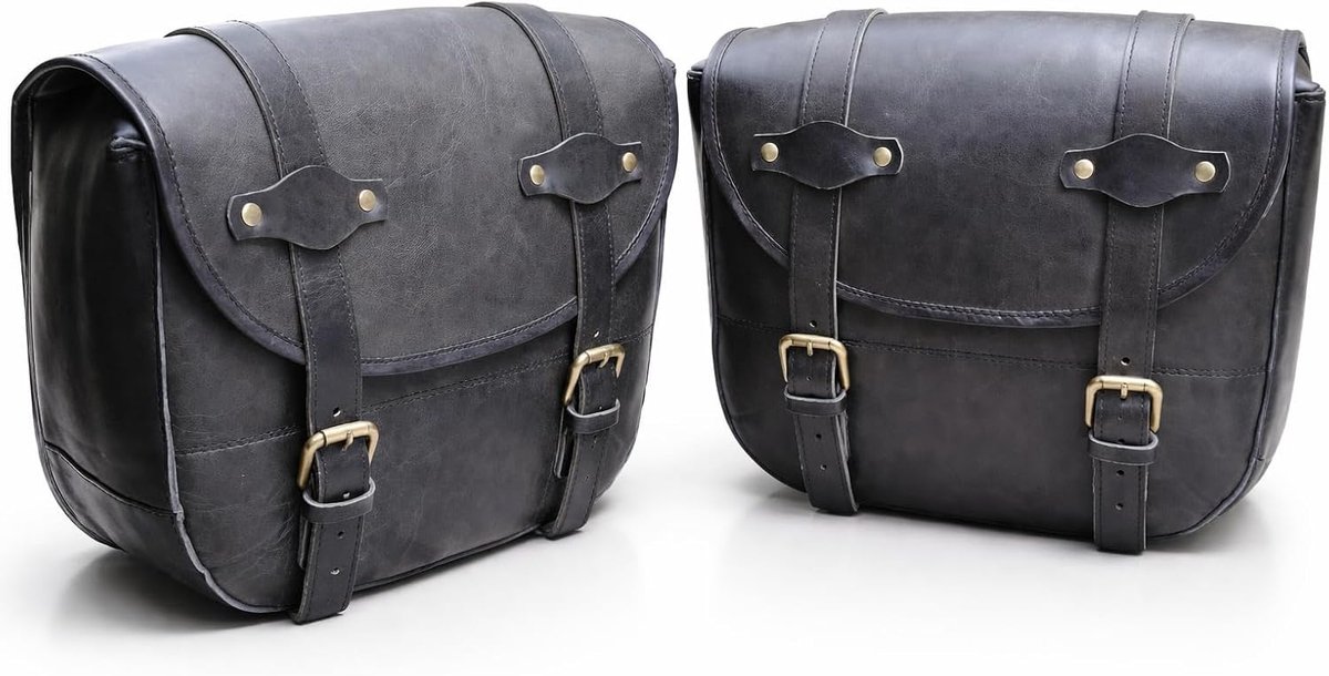 SnelShoppen - Set van 2 Motortassen van Echt Leer - Vintage Zadeltas en Fietstas voor Fietsliefhebbers - Duurzaam, Stijlvol en Ruim - GearGo Set Black