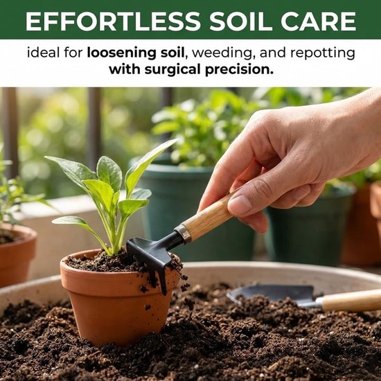 SnelShoppen - 6-delige Mini Tuinset, Tuingereedschap voor Planten, Transplanteren en Bonsai, Roestvrijstalen Tuin Tools met Houten Handvatten, Perfect van Snelshoppen — afbeelding 3