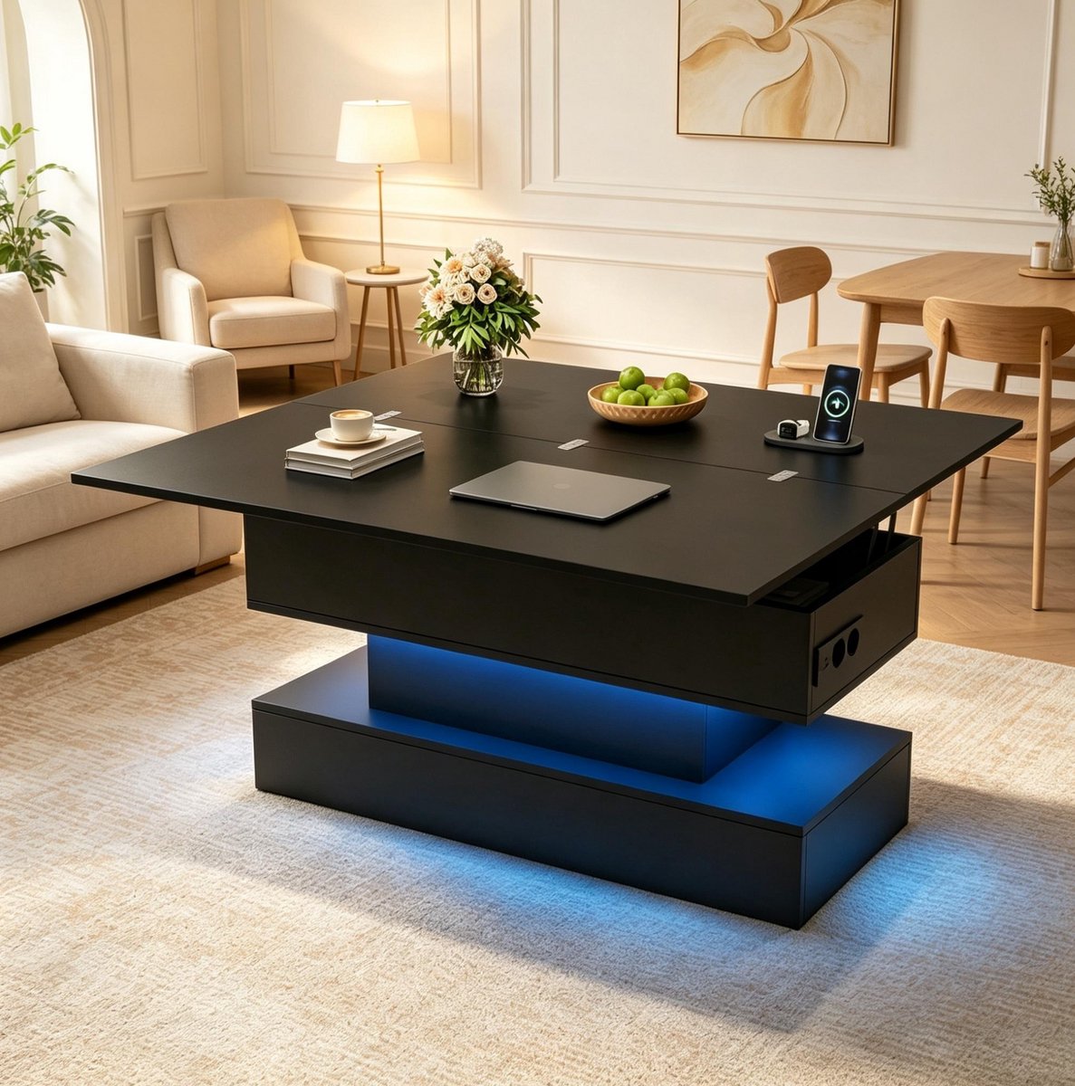OKWISH Salontafel - Hoogteverstelbaar Met LED-Verlichting En Opbergruimte - Voor Woonkamer En Thuiswerken - Zwart Spaanplaat - 100 x 50 x 51,5 cm
