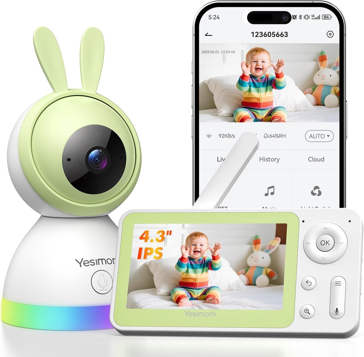 SnelShoppen - 1080P Babyfoon Camera 360° PTZ met 4,3 Inch Scherm en App - Draadloze Bewaking voor Baby's, Kinderen en Huisdieren - Veiligheid en Comfo