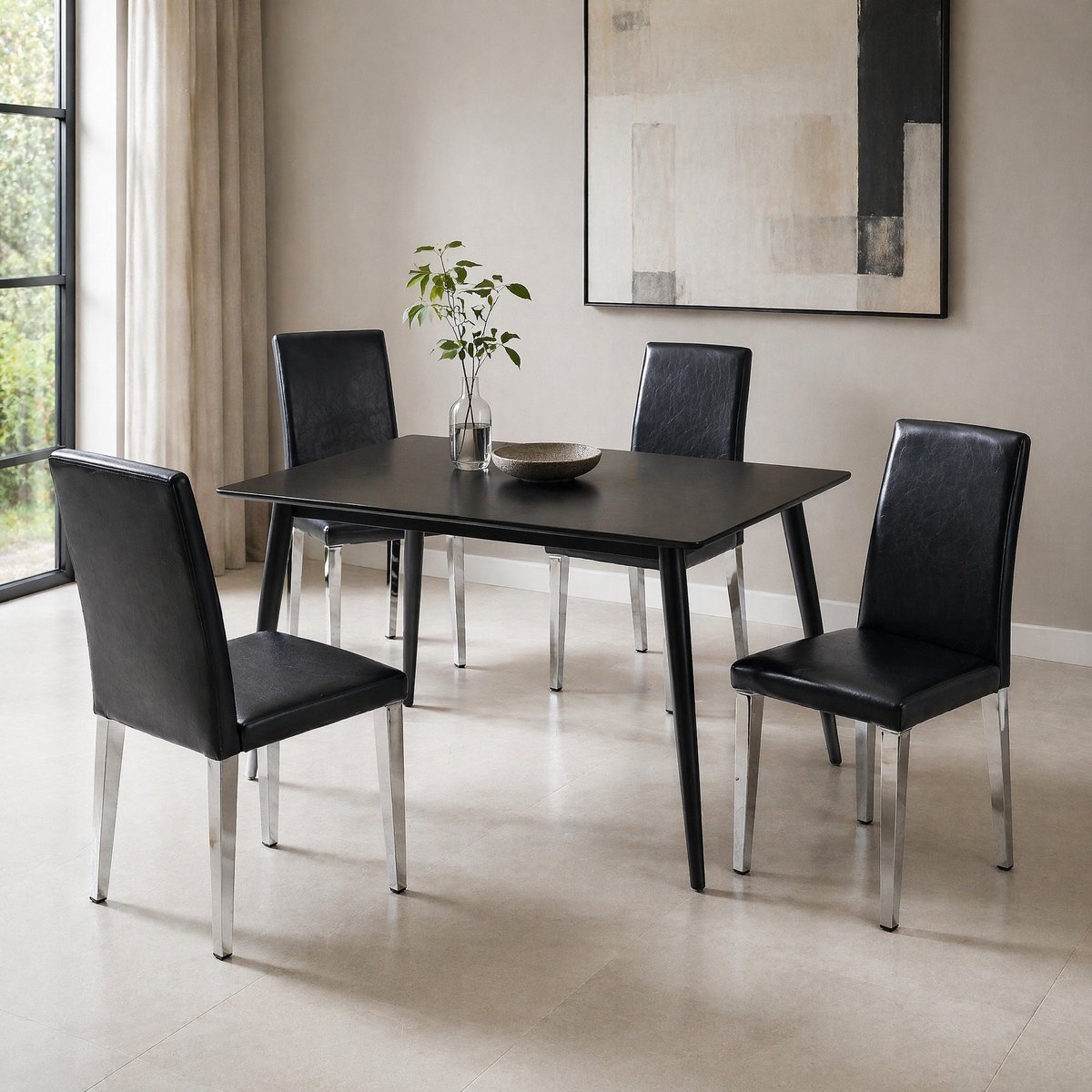 MEUNIQ 4-delige eetkamerstoelen set zwart en zilver met PU-leer, metalen vierpoot en ergonomische rugleuning, modern voor eetkamer en woonkamer Black