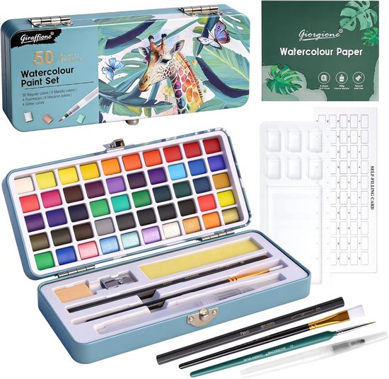 Waterverfdoos met 50 kleuren, verpakt in een metalen doos met girafprint. Inhoud: waterverf, potloden, penseel, puntenslijper, gum en aquarelpapier.