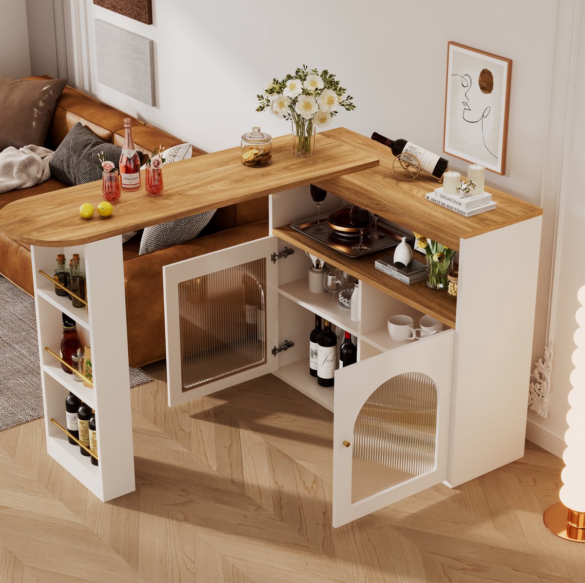 MEUNIQ uitklapbare bartafel 138-193 x 39 x 105 cm met opbergruimte, draaibaar, ledlichtstrip, modern, wit voor eetkamer en barhoek