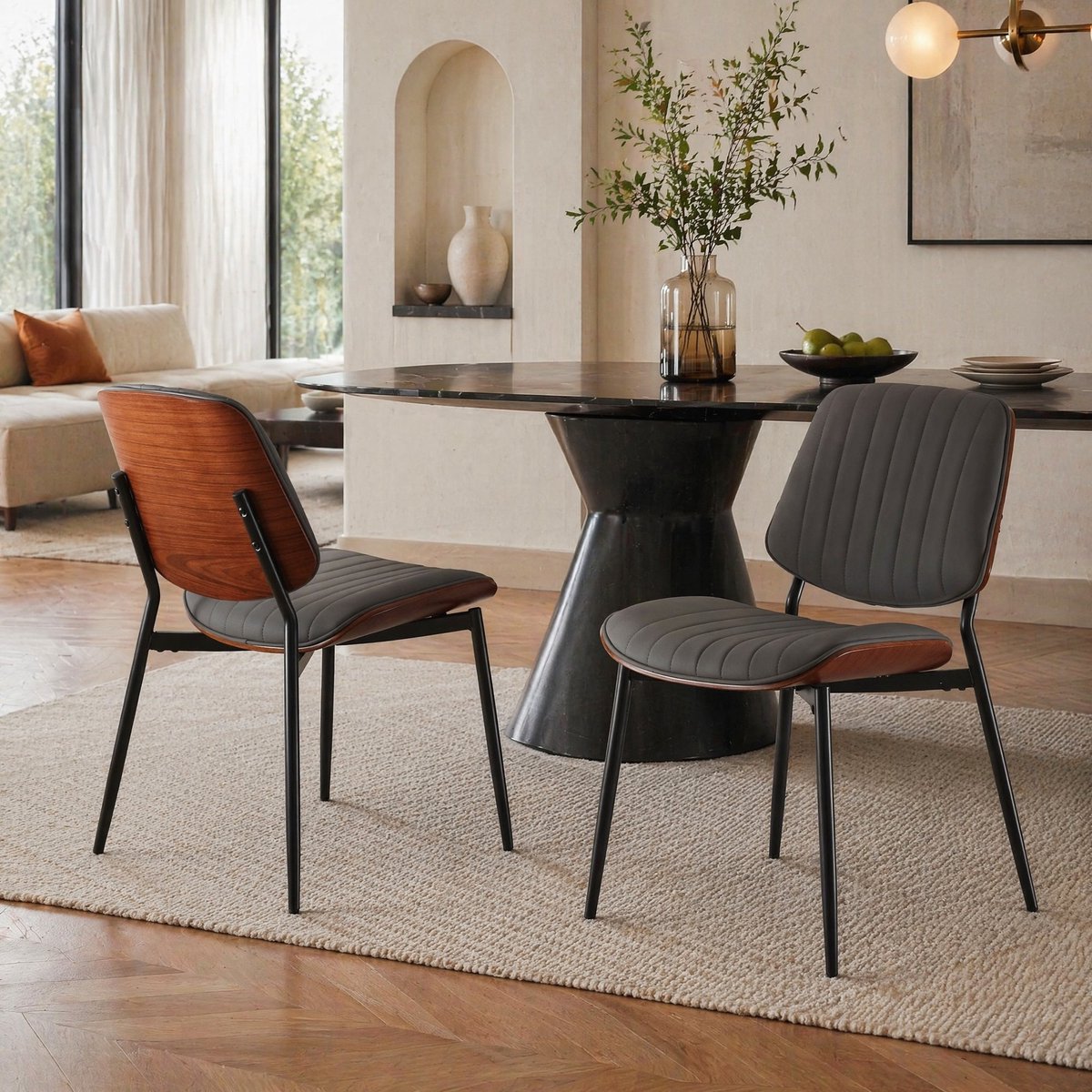 MEUNIQ Set van 2 eetkamerstoelen grijs kunstleer met metalen schuine poten, gestikte zitting en rugleuning, retro stijl voor de eetkamer
