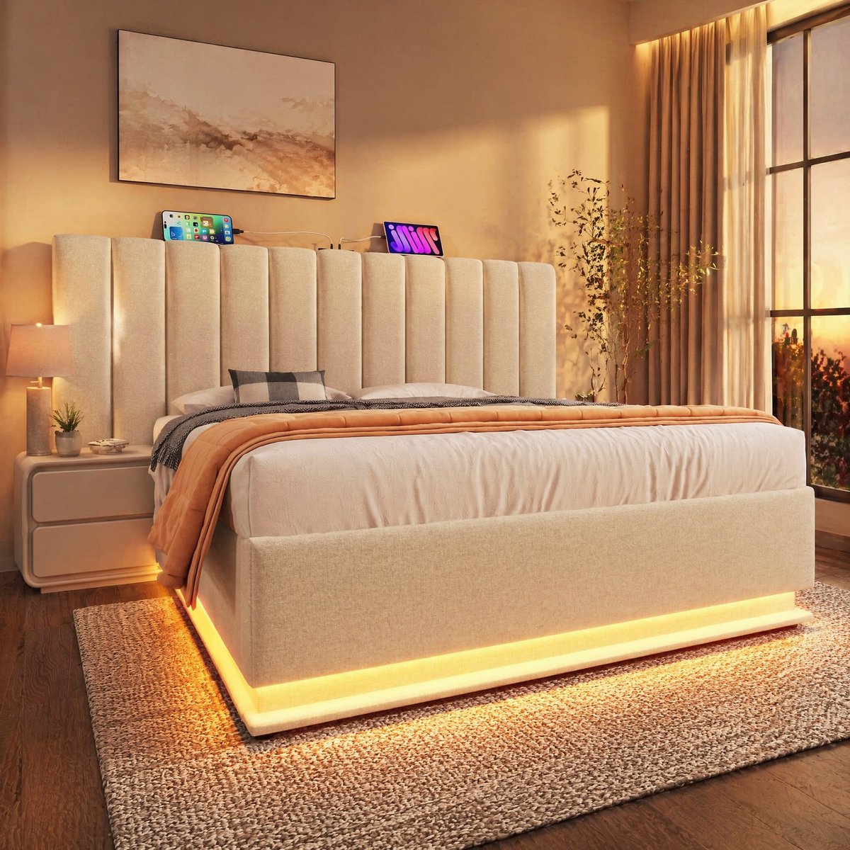 COVREO Bedframe 180x200 cm beige LED USB-C opbergruimte zonder matras