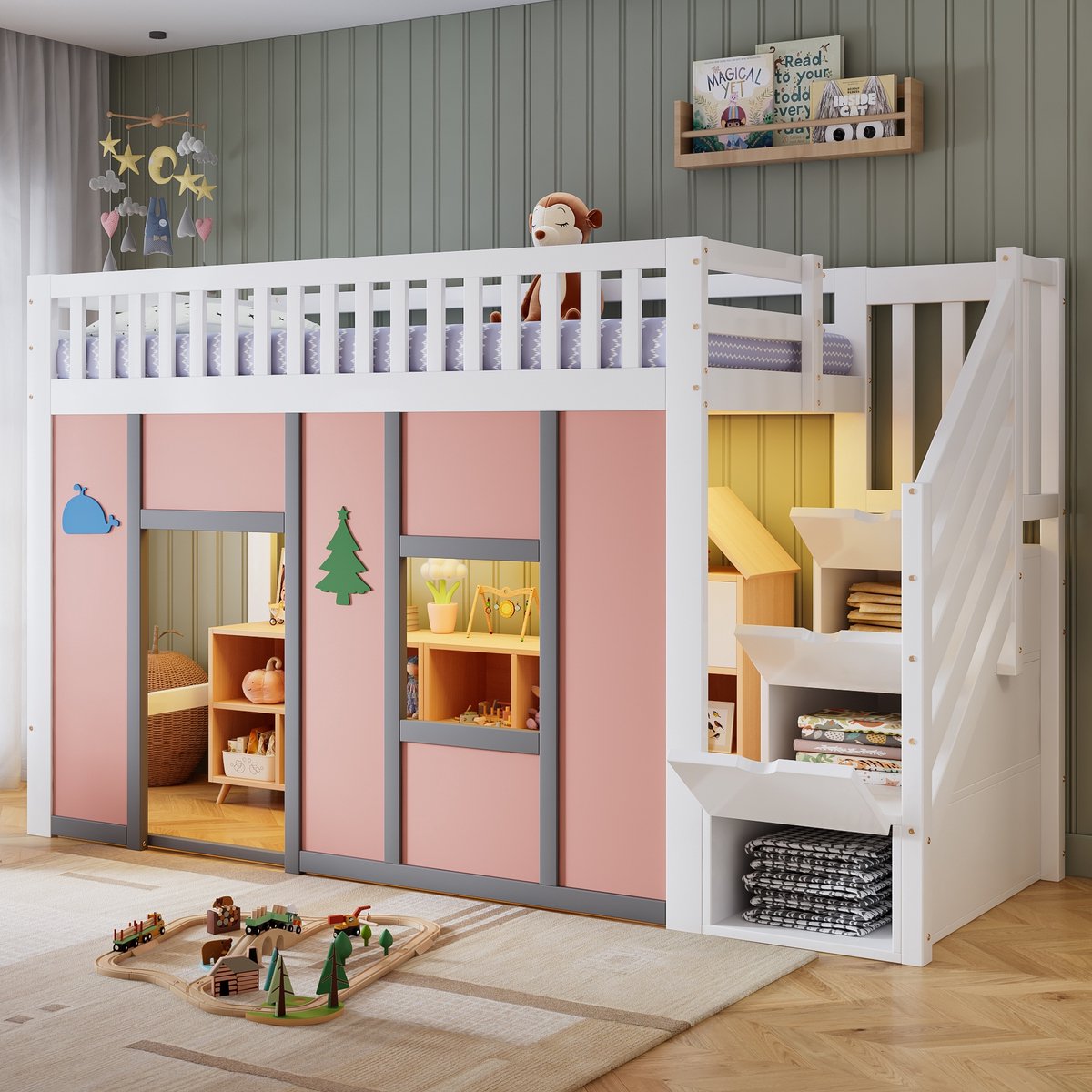 Sweiko Hoogslaper – 90x200 cm – LED-verlichting – Opbergfunctie – Valbeveiliging – Kinderbed – Roze + Wit