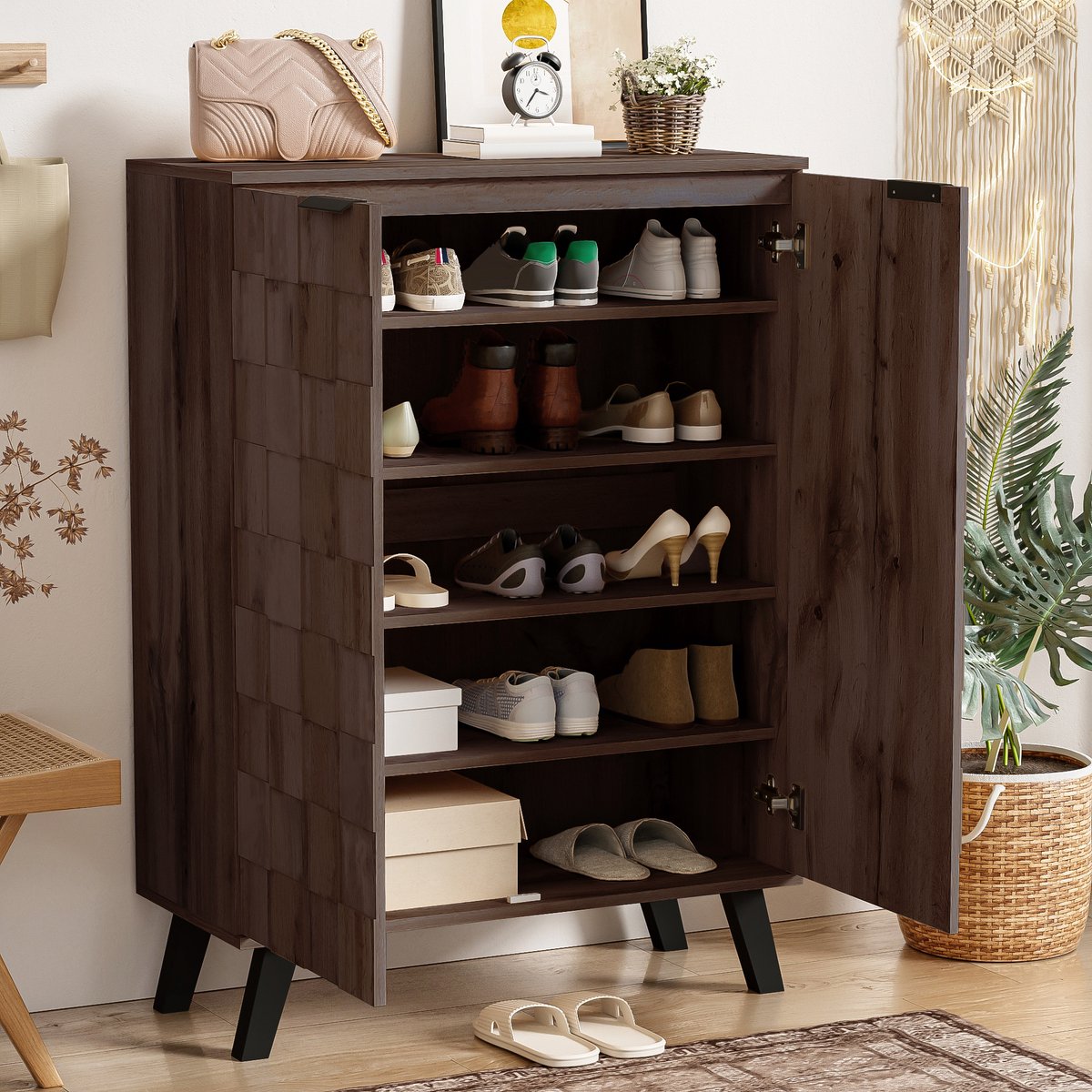 Schoenenkast - Sideboard met 5 vakken, 4 verstelbare planken & soft-close deuren - 80x110x35,5 cm - Donkere houtlook