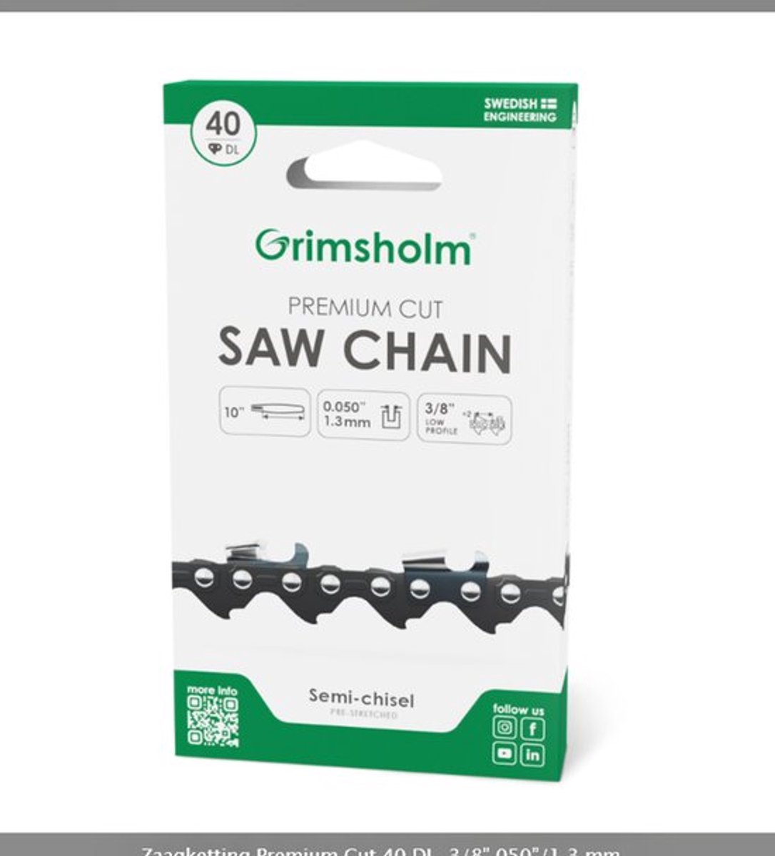 Zaagketting Premium Cut 40 Schakels, 3/8”.050”/1,3 mm Merk Grimsholm