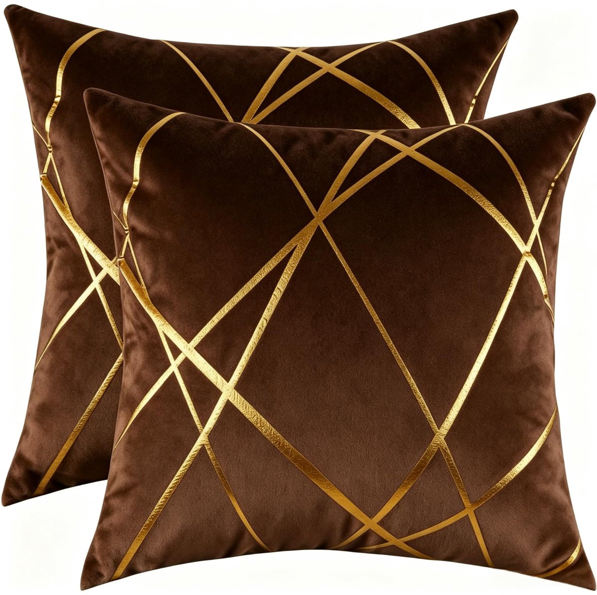 SnelShoppen - Set van 2 fluwelen kussenhoezen goudkleurig 50 x 50 cm, decoratieve vierkante kussens voor woonkamer, moderne beige-bruin bankkussen hoe