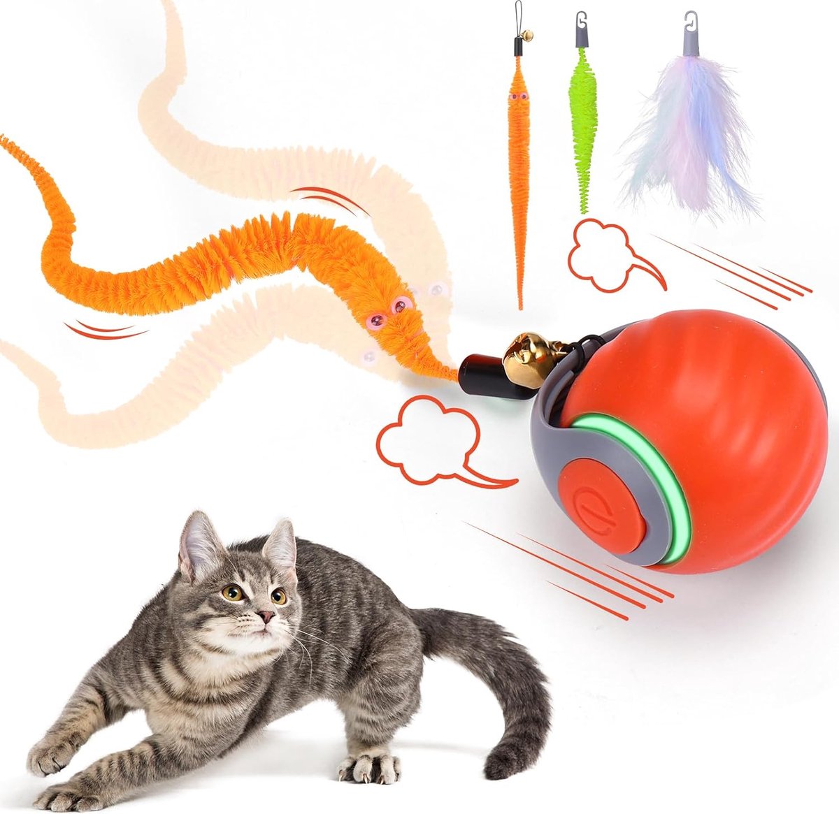 Kattenspeelgoed - Interactieve kattenspeelgoedbal - Automatische kattenbal met staart - Met 3 staarten en 2 snelheden - Gaat verveling tegen – Duurzaam en kauwbestendig - Voor Katten en Kleine Honden - Oranje