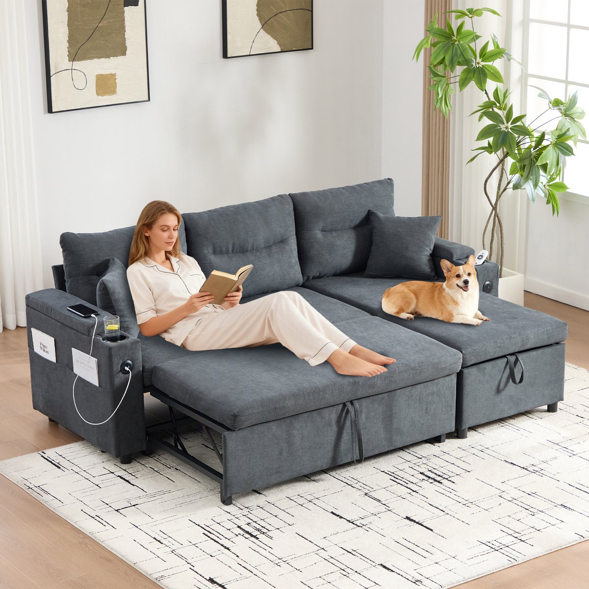 3-Zitsbank Linnen Donkergrijs - Slaapbank Met Chaise Longue, Opbergruimte En USB-C