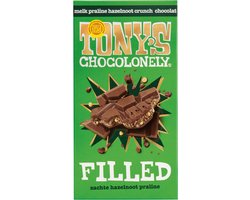 Tony's Chocolonely - Gevulde Chocolade Reep - Filled Melk Praline Hazelnoot Crunch - 127 Gram - Fairtrade Belgische Chocola