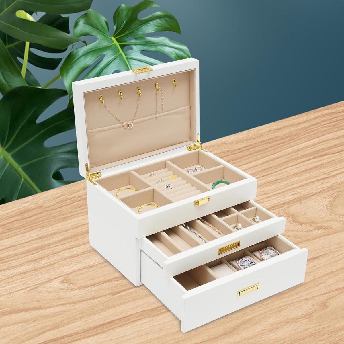 Juwelendoos Hout - Opbergkoffer Display - Sieraden Organiseren - Volledig Uittrekbare Lades - 28 x 19 x 18 cm - Wit