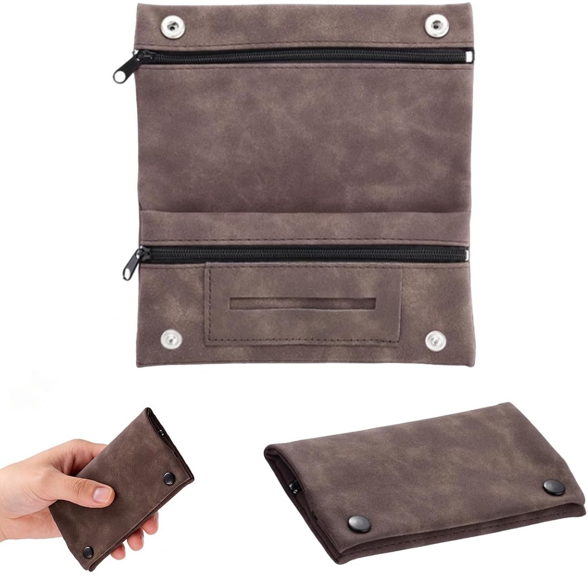 Opvouwbare leren tabakstas met drukknoopsluiting, meerlaags design voor draaitabak, ideaal cadeau voor mannen en vaders (bruin)