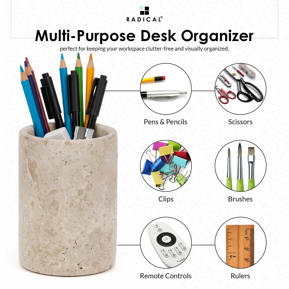 SnelShoppen - Marmeren Pennenhouder voor Bureau 4 inch - Handgemaakte Potloodhouder, Desk Organizer, Tandenborstelhouder, Travertijn, Thuis & Kantoor