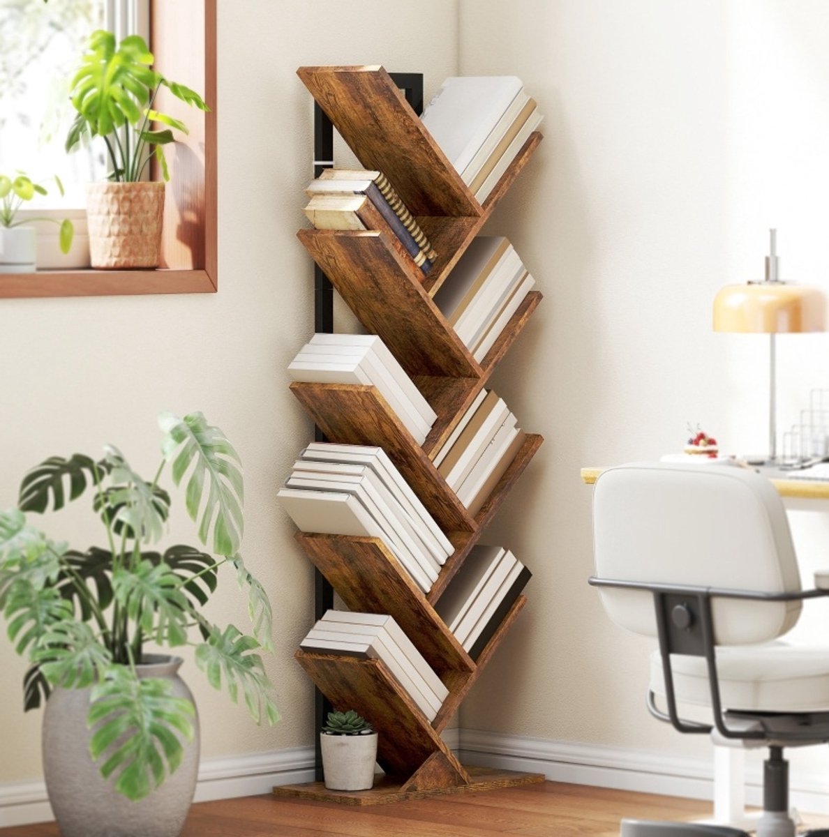 Boekenkast Boomvorm 9 Niveaus Smal 50 X 24 X 136 Cm Hout Staal Rustiek Bruin Voor Woonkamer En Kantoor