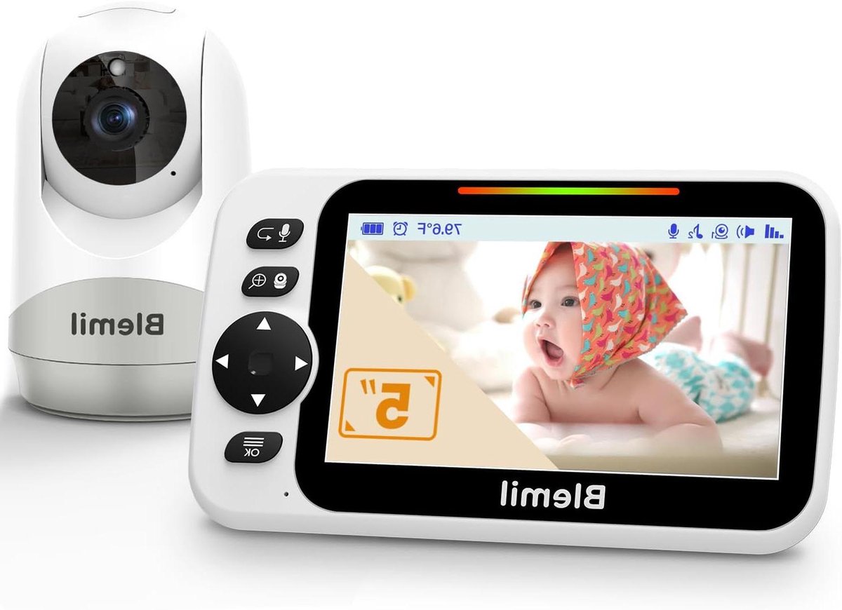 Baby Monitor - Babycamera Beeldscherm - Baby in de gaten - Lange batterijduur - 5 inch scherm - Wit