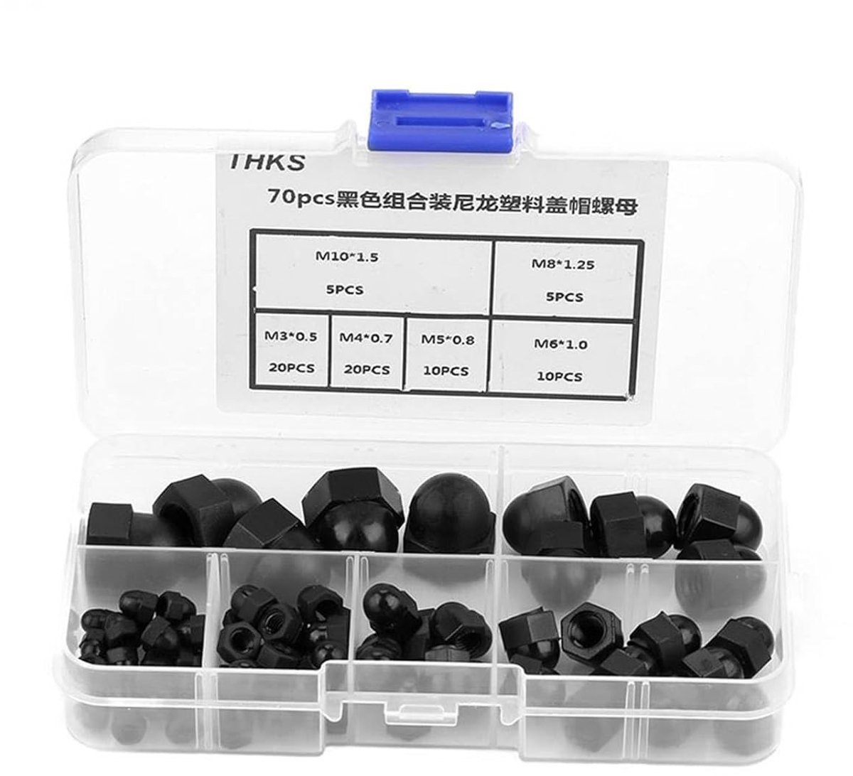 Assortiment van 70 Stuks Hex Acorn Cap Moeren in Diverse Maten M3 tot M10 - Zwarte Nylon Dome Moeren voor Bevestiging en Montage