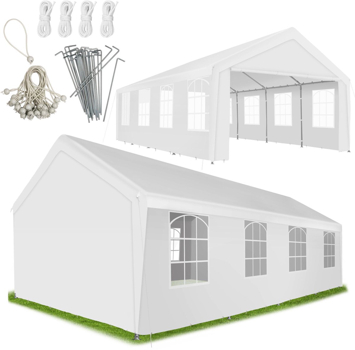 tectake® Partytent 4 x 8 m – Grote Feesttent met Zijwanden en Kijkvensters – Waterdicht en UV-Bestendig – Stalen Frame – Incl. Haringen en Spantouwen – Wit
