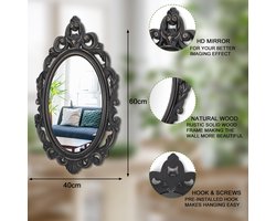 SnelShoppen - Lzuso Zwarte Ovale Houten Frame Vintage Muurspiegel Barokstijl Arendahl Traditioneel Gesneden Ophangspiegel voor Decoratieve Antieke Est