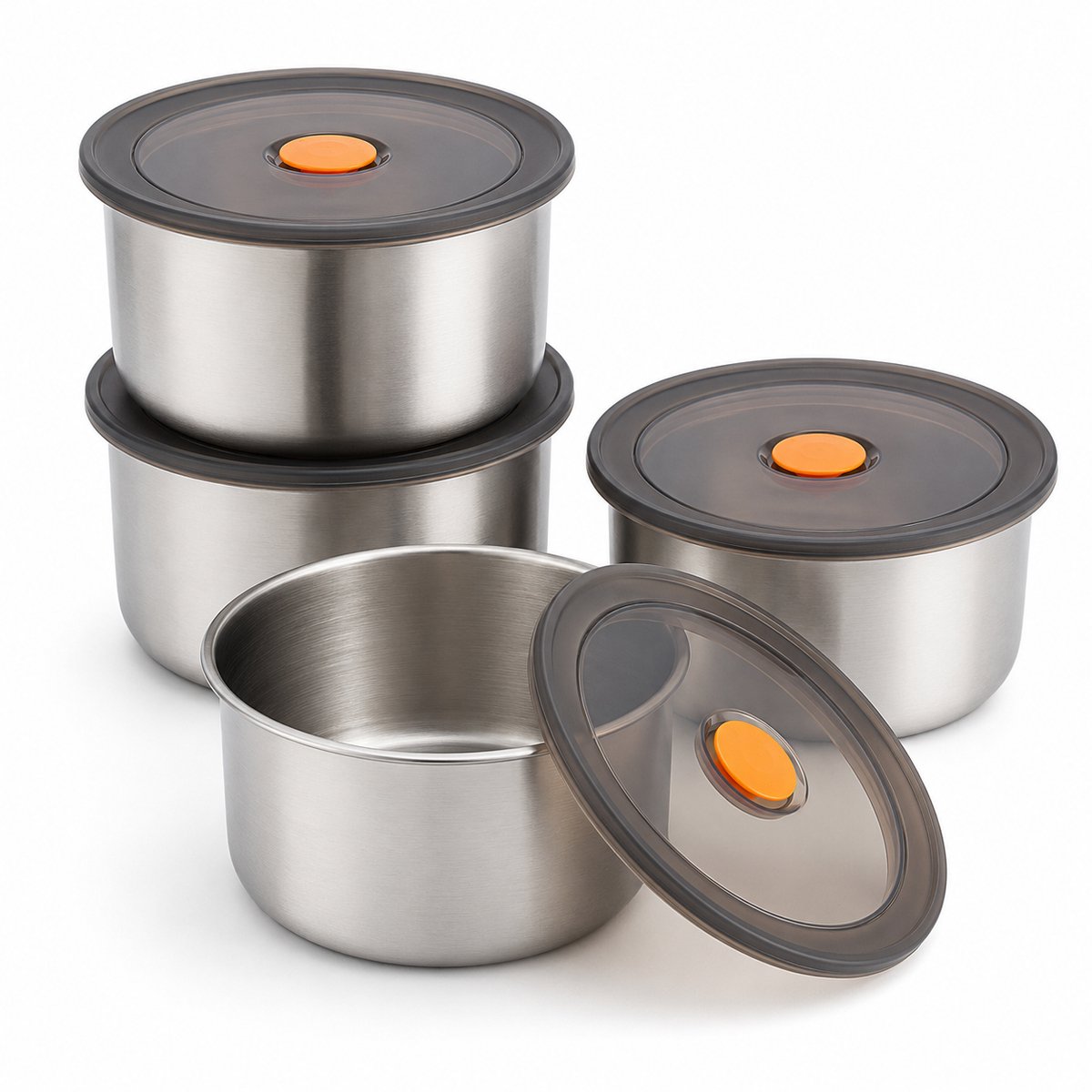 VHV - RVS Snackbakjes 4 Stuks - Stapelbare Lekvrije Bewaarbakjes - Voor Snacks, Sauzen en Picknick - Zilver