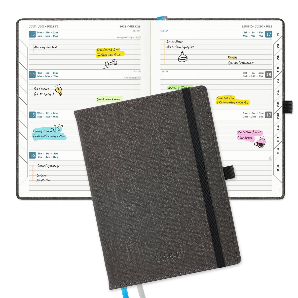 SnelShoppen - Agenda 2026 2027 A5 Weekagenda - Luxe Geklede PU-Leren Kaft - Horizontale Weekplanner - Schoolagenda - 18 Maanden - Grijs - 21,9 x 16,2