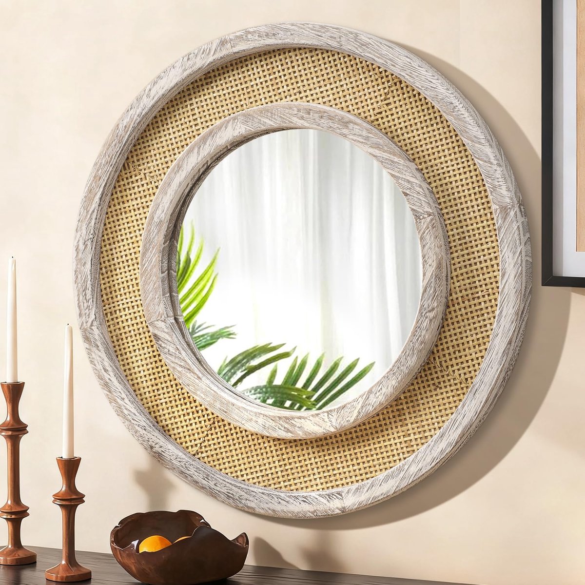SnelShoppen - Ronde Spiegel Houten Lijst Cirkel Hangende Spiegel 60 CM Vintage Spiegels voor Woonkamer Badkamer Slaapkamer Entree Oud Wit