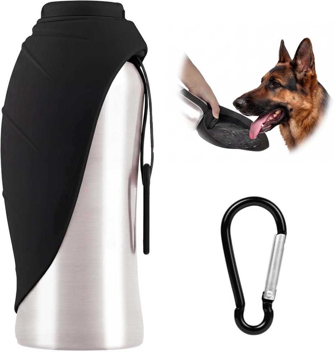KZQ Draagbare Honden Waterfles 700 ml – Siliconen, Roestvrijstalen Drinkdop (ook Drinkbak) – Voor Wandelen en Buiten – Zwart