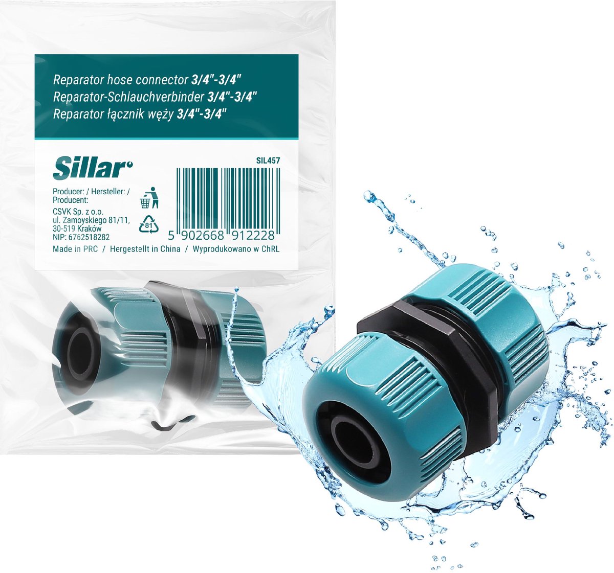 Sillar Slangkoppeling - Tuinslang Reparatiekoppeling 3/4"- 3/4" – PVC – Verbinding en Reparatie van Tuinslangen – Slangadapter