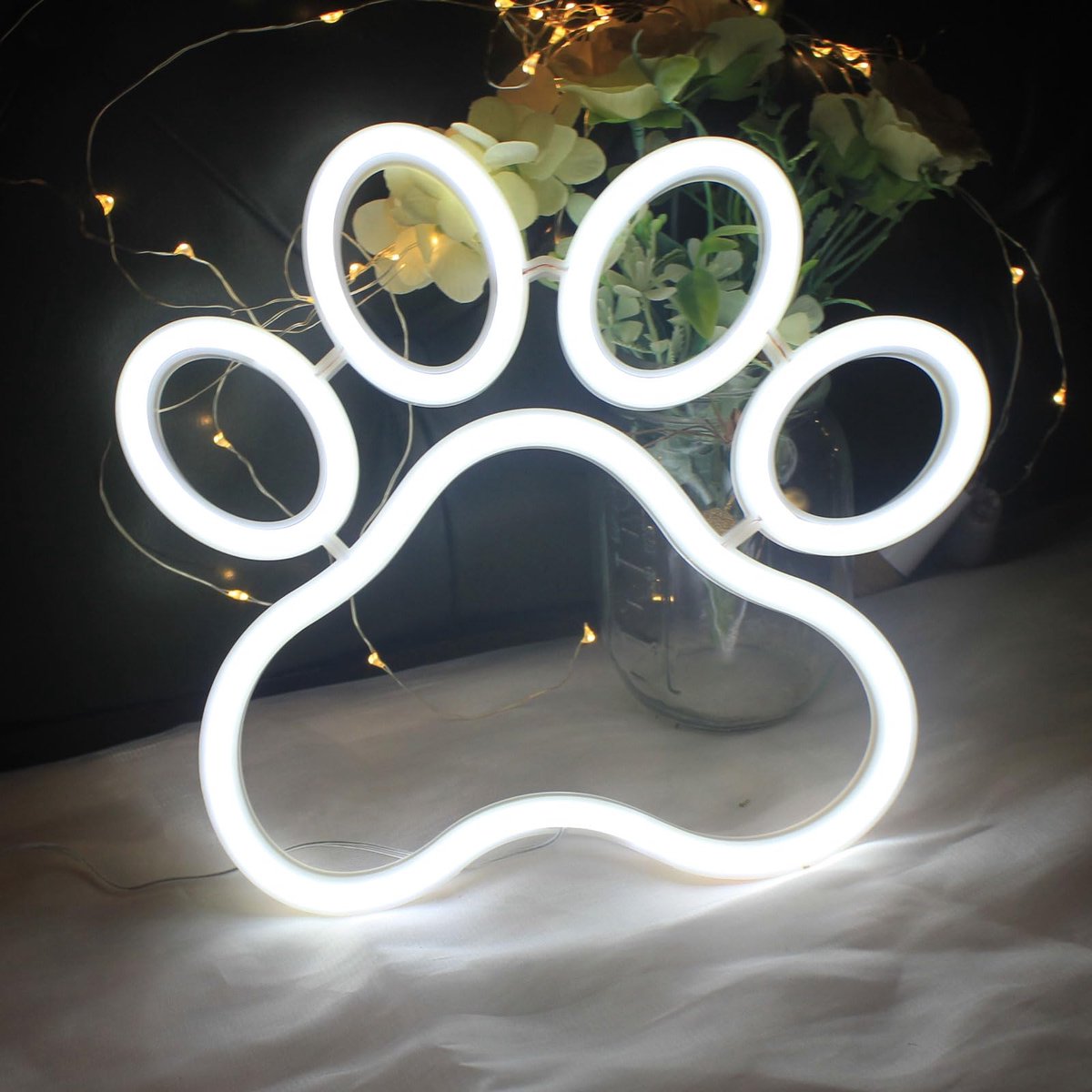 SnelShoppen - Dog Cat Claw Neon Sign - Dimbare Neonlicht voor Dierenwinkels, Dierenklinieken, Slaapkamer Wanddecoratie - USB Voeding, Wit Pootafdruk N