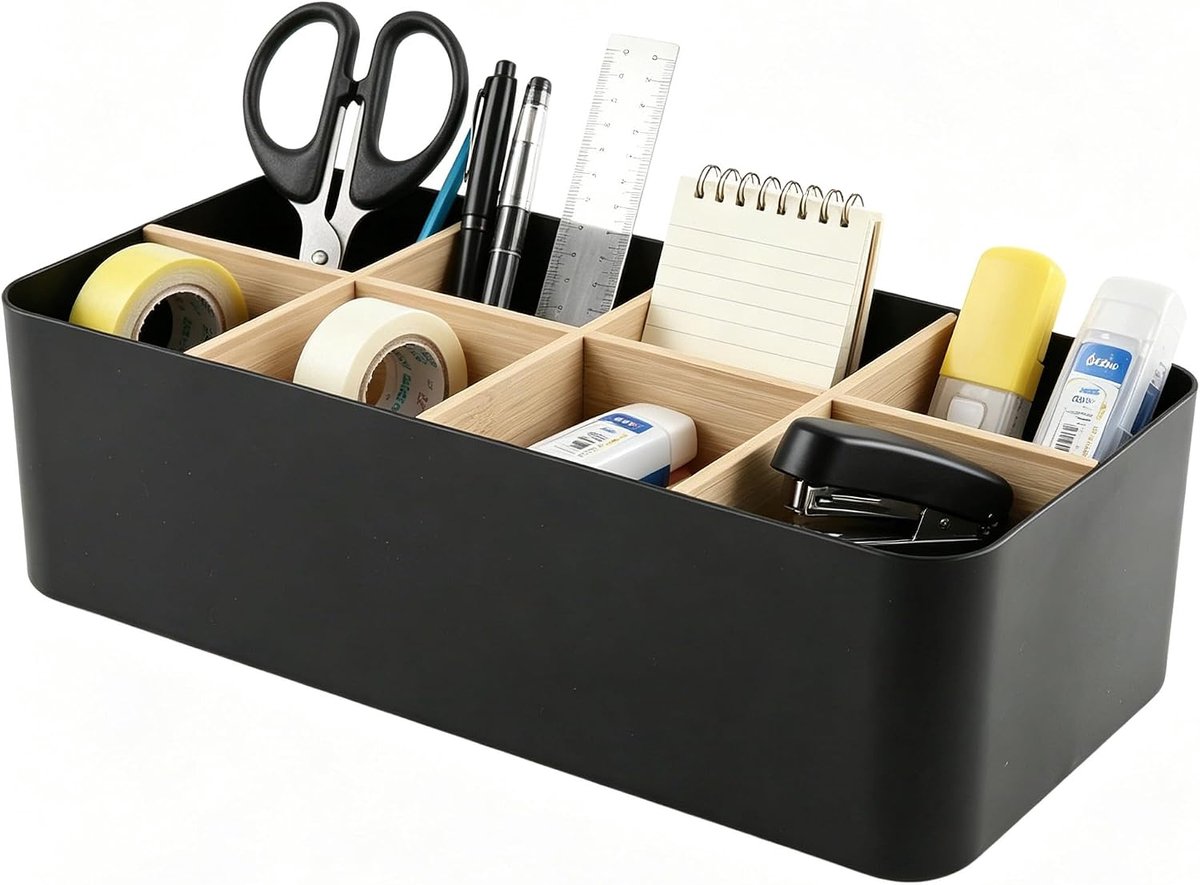 SnelShoppen - Bamboo Desk Organiser met 8 Compartimenten, Houten Pennenhouder met Verstelbare Tussenschotten, Multifunctionele Opbergbak voor Kantoor,