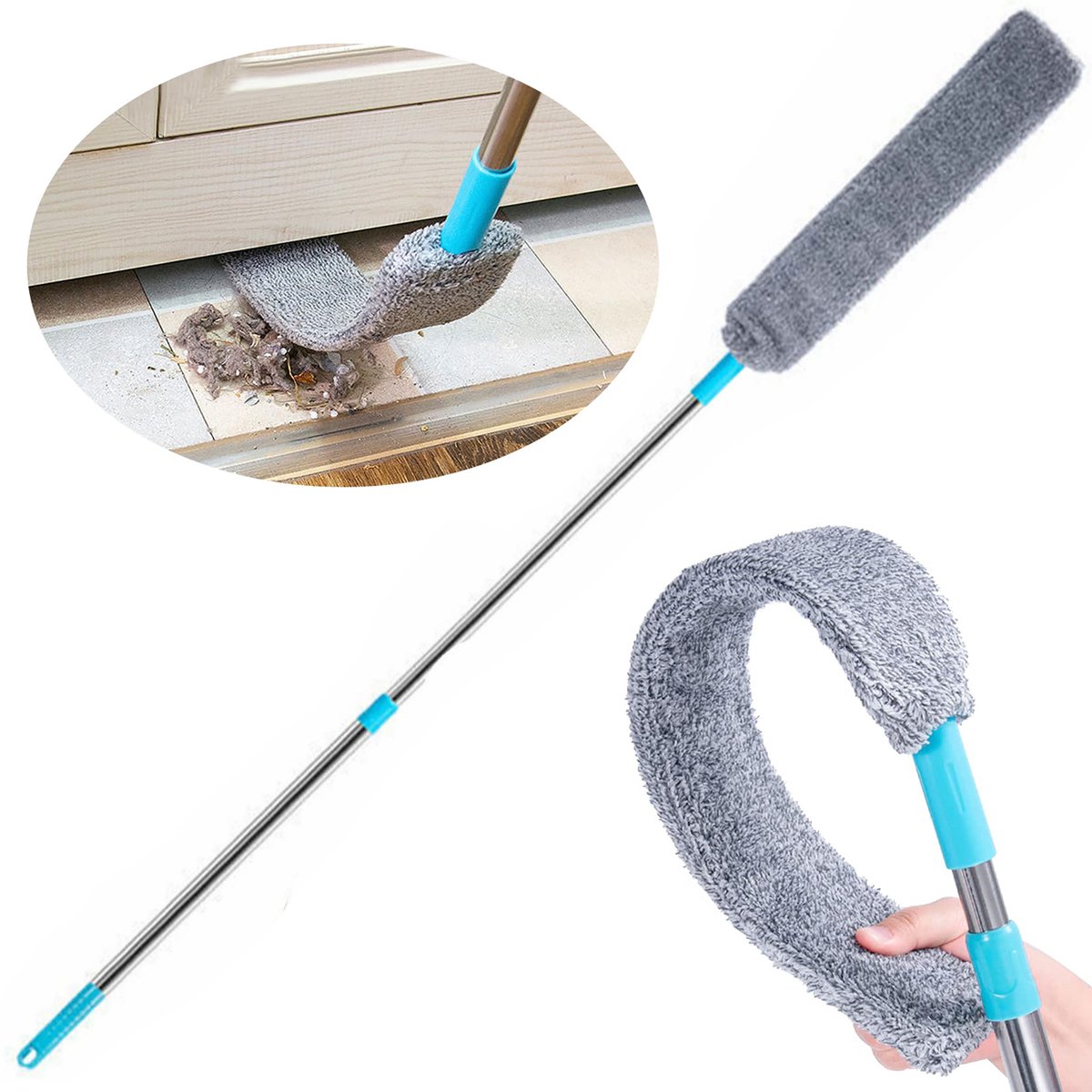 Uitschuifbare Stofdoek voor Moeilijk Bereikbare Plekken - Flexibele Microvezel Plint- en Kierenborstel tot 127cm - Plafond- en Meubelreiniger - Grijs