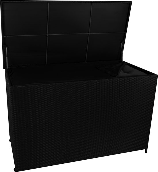 Zwarte rotan opbergbox met deksel half open, zicht op de binnenkant.