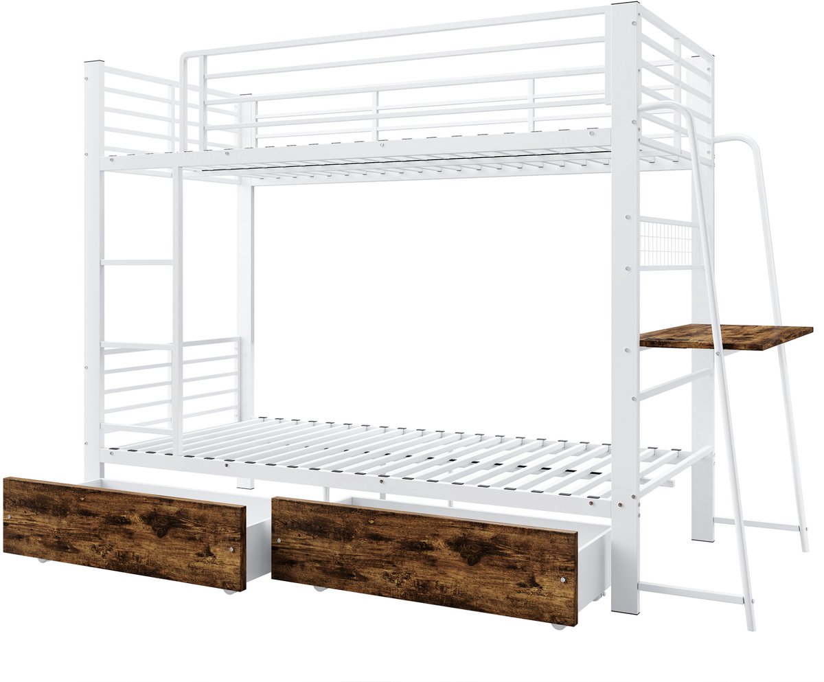 OKWISH Stapelbed 90x200 cm – Met Bureau en Led Verlichting – Met Opberglade – Zonder Matras – Metaal en MDF – Mat Wit