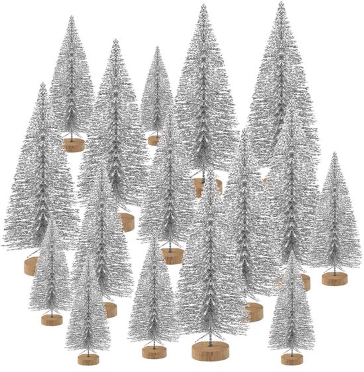 Kerstbomen 48 Stuks - Mini Tafelbomen - Plastic Bomen - Zilveren Decoratie - DIY Kamer Decor - Houten Basis - Miniatuur Kerstbomen
