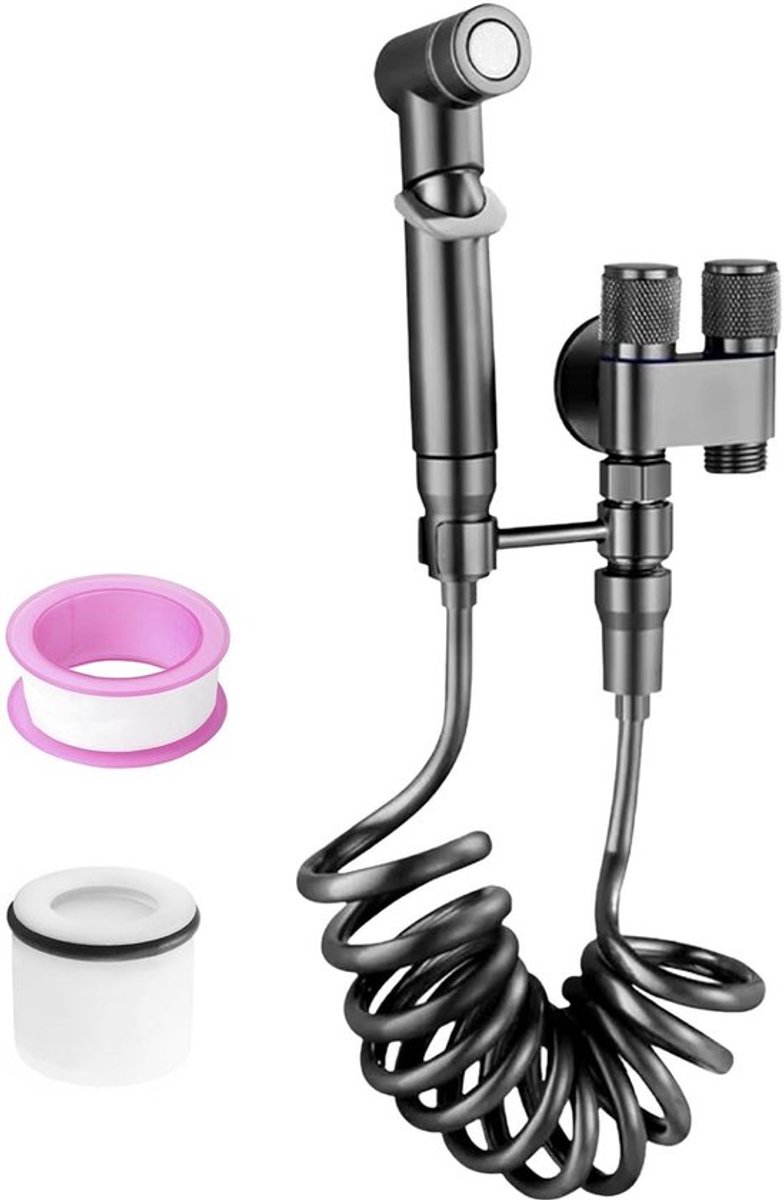 Handdouche voor bidet - Douchekop met dubbele uitgang - 360° draaibare houder - Zwarte afwerking - Geschikt voor badkamer - Inclusief 1.4...